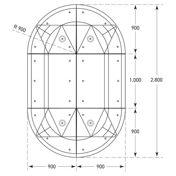 Technische Zeichnung GAMMA Berliner Kissen oval, Maße 2800x1800 mm, Eckradius 900 mm, beschriftete Innengeometrie.