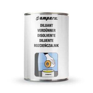 Metallkanister mit Aufschrift "Verdünnungsmittel Solvent Floor Paint", Mehrsprachig "Verdünner", Bild von ausgießender Flüssigkeit.