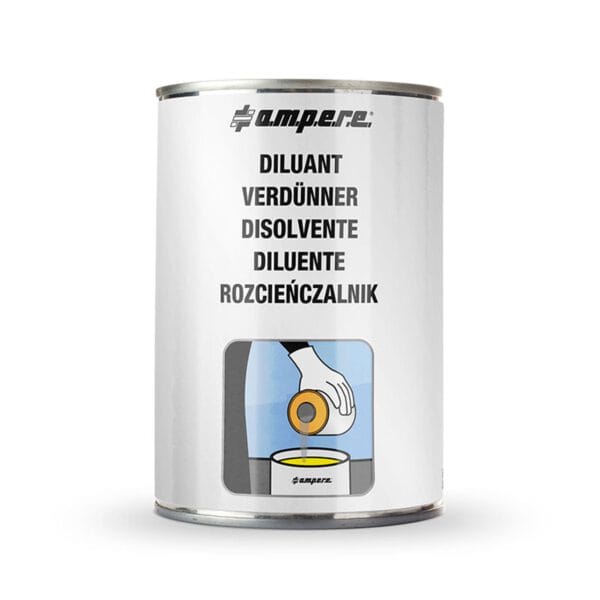 Metallkanister mit Aufschrift "Verdünnungsmittel Solvent Floor Paint", Mehrsprachig "Verdünner", Bild von ausgießender Flüssigkeit.