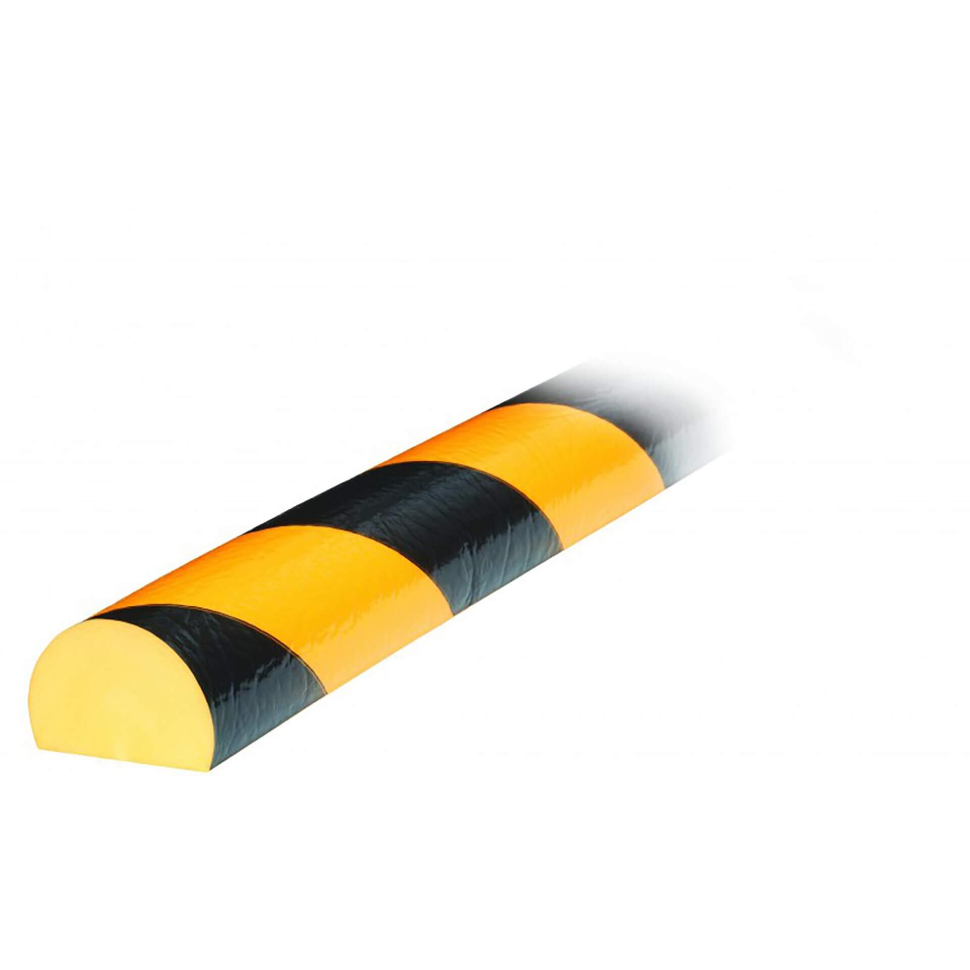 Flächenschutzprofil Typ C: schwarz-gelb gestreifter Schaumstoffpuffer, halbrunde Form zum Anprallschutz und Sicherheit.