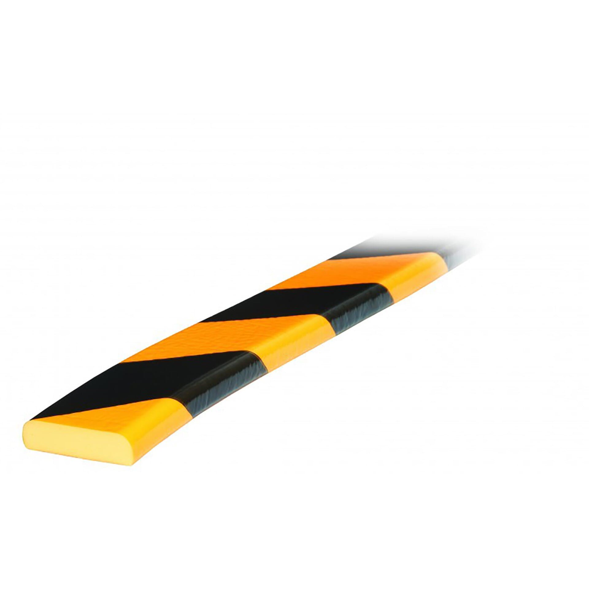 Flächenschutzprofil Typ F, gelb-schwarz gestreifter Rammschutz mit dreieckigem Profil, vor weißem Hintergrund.