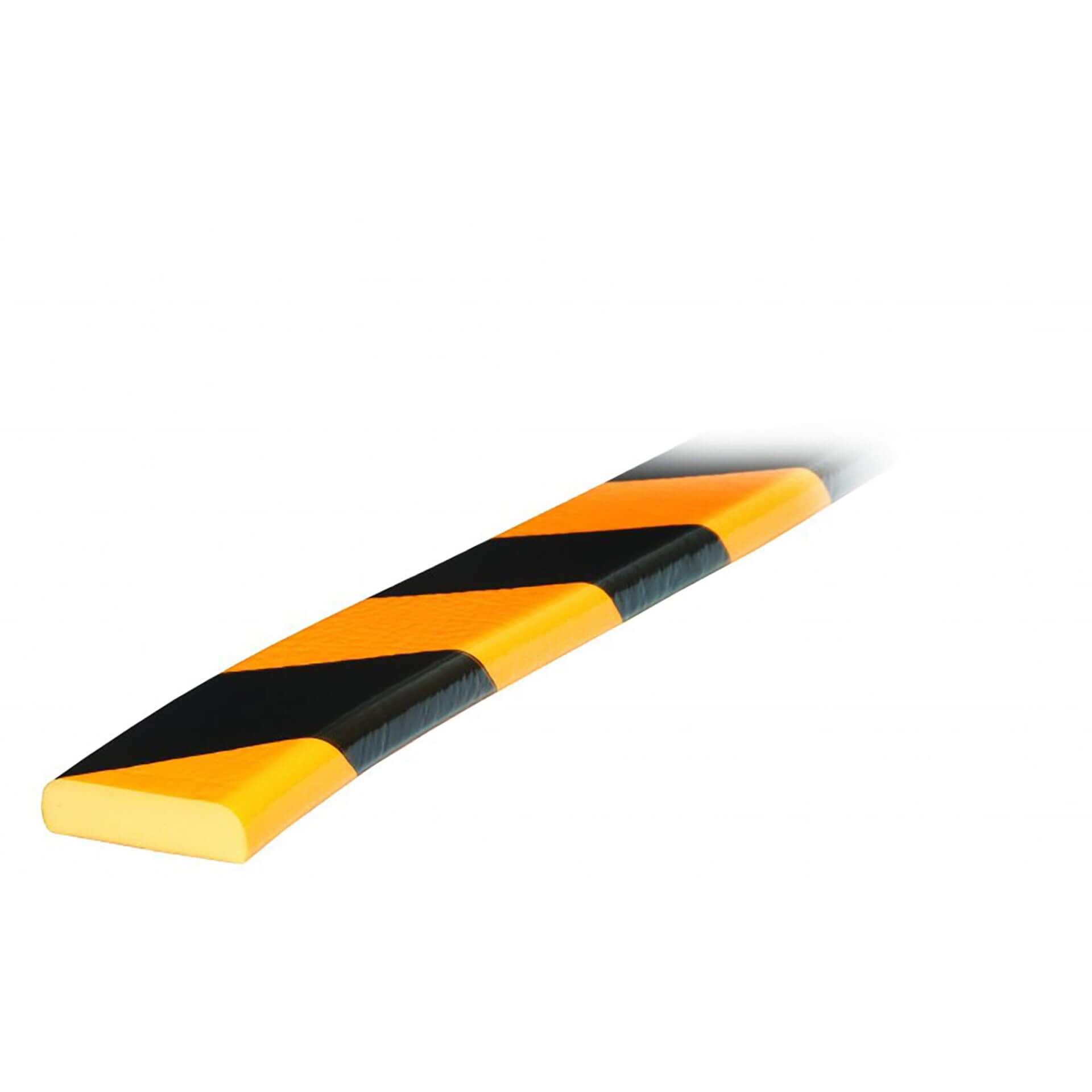 Flächenschutzprofil Typ F, gelb-schwarz gestreift, abgeschrägte Kante, stoßdämpfender Rammschutz für Sicherheit.