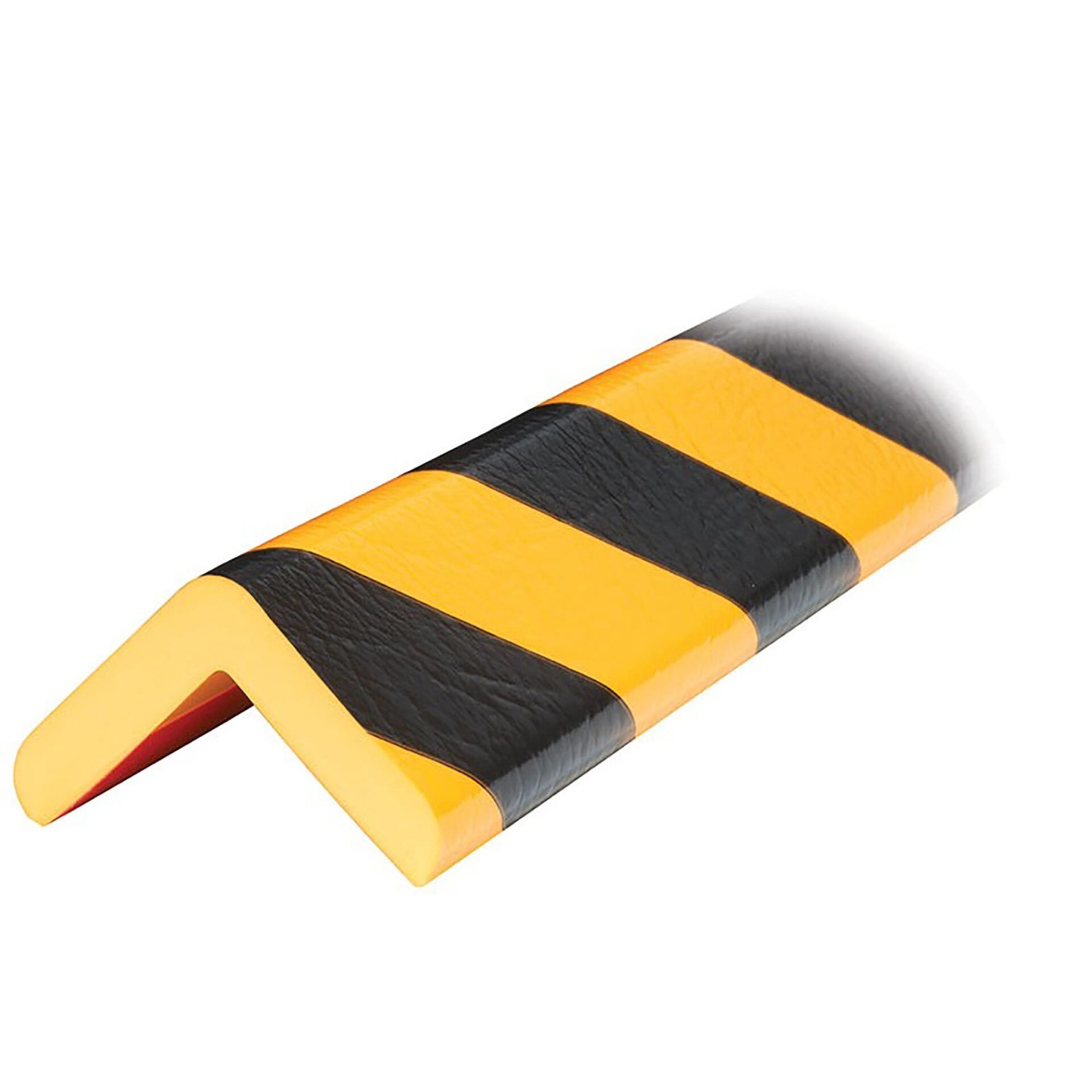 Eckschutzprofil Typ H+ mit gelb-schwarzen Streifen, rechtem Winkel, Kantenschutz für Wände und Ecken zur Stoßabsorption.