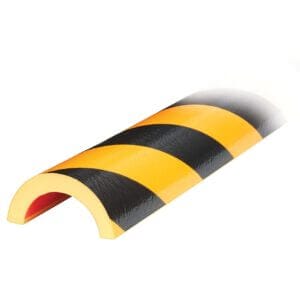 Rohrschutzprofil Typ R50, halbrunde Schaumstoff-Stoßschutzleiste, gelb-schwarz gestreift für Kantenschutz und Unfallschutz.
