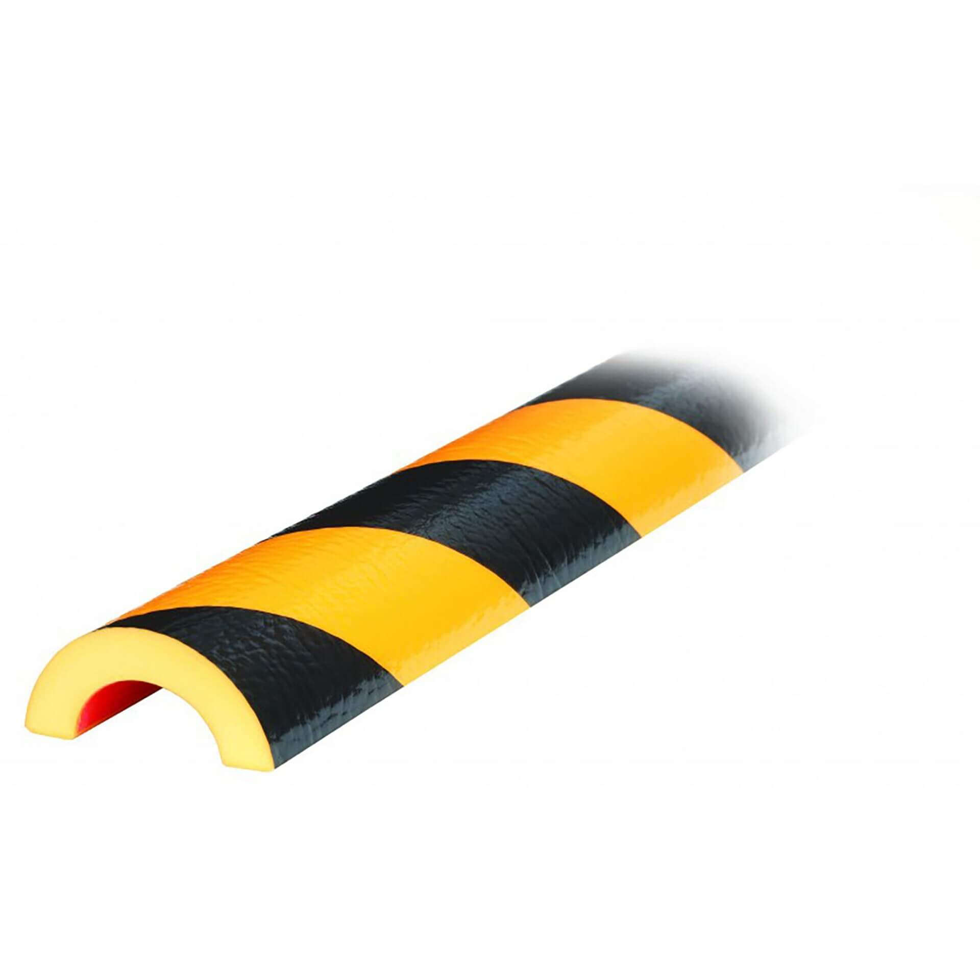 Gelb-schwarzes Rohrschutzprofil Typ R30, halbrund, schützt Kanten und Flächen vor Stößen, Warnmarkierung für Arbeitssicherheit.