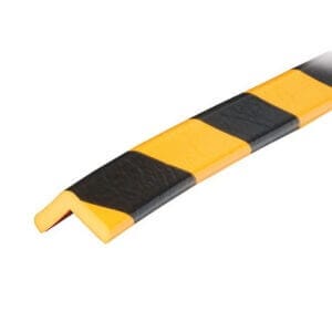 Eckschutz Typ E Eco mit Edelstahlbasis, gelb-schwarz gestreift, Polsterung zum Kantenschutz und Anfahrschutz.