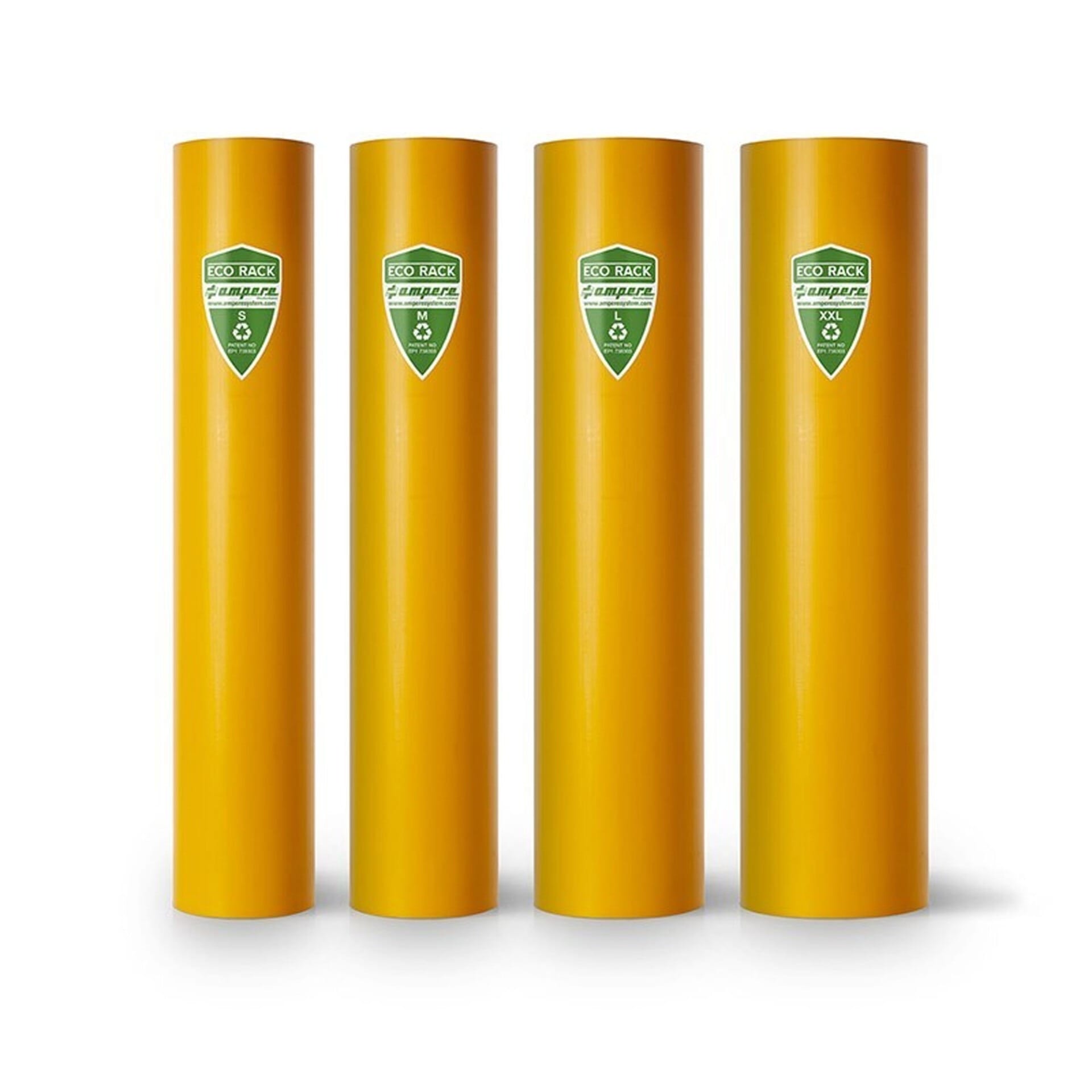 Vier gelbe zylindrische Regalstützenschutz-Pfosten mit grünen Öko-Labels nebeneinander vor weißem Hintergrund.