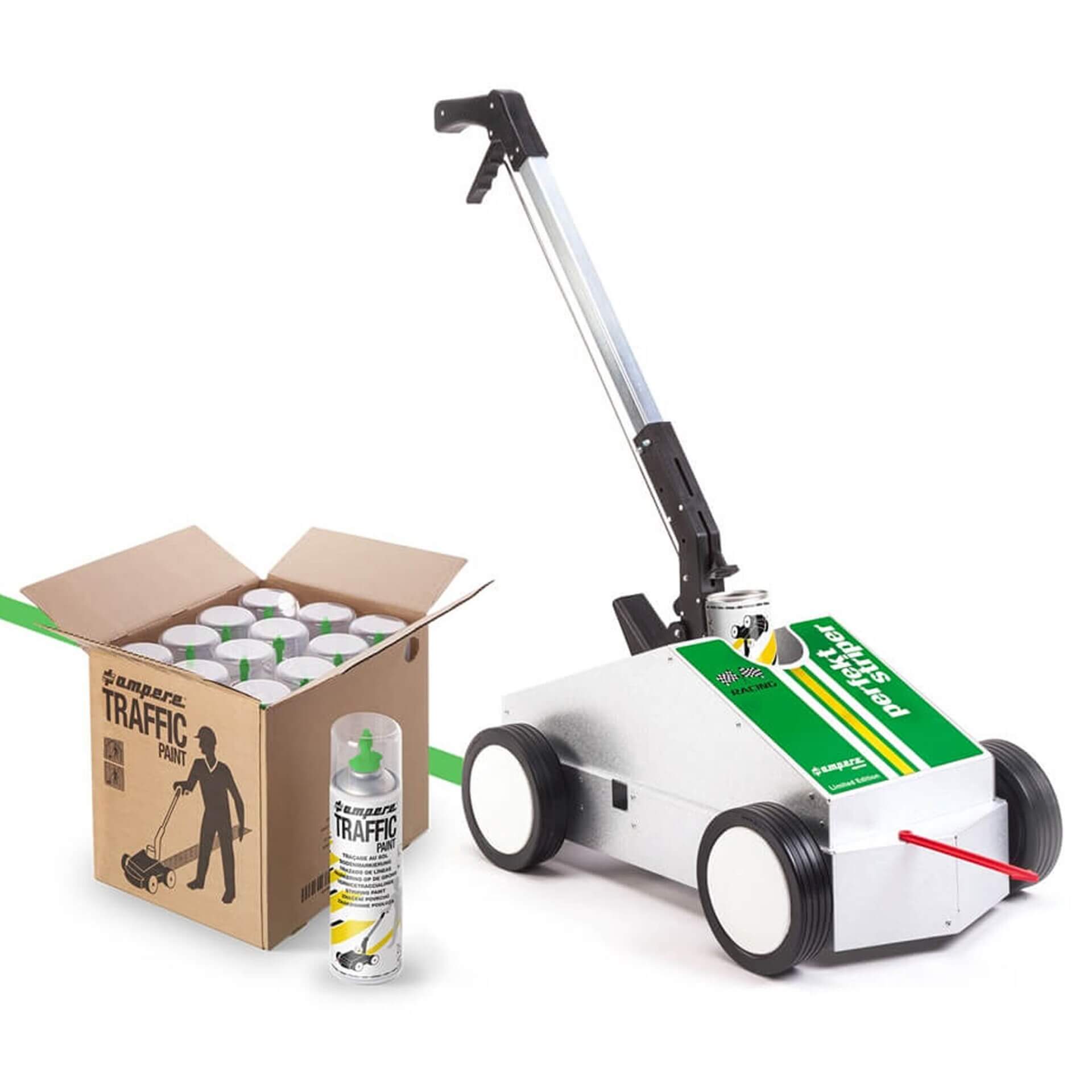 Traffic Paint Set mit Perfekt Striper, Farbdosenbox, einzelne Farbdose vorne, grüne Markierungslinie sichtbar.