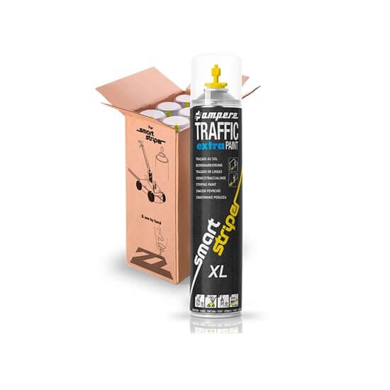 Traffic Extra Lackier-Set mit gelber Düse, Spraydose vor geöffneter Box mit mehreren gleichen Farbspraydosen, Straßenmarkierung.
