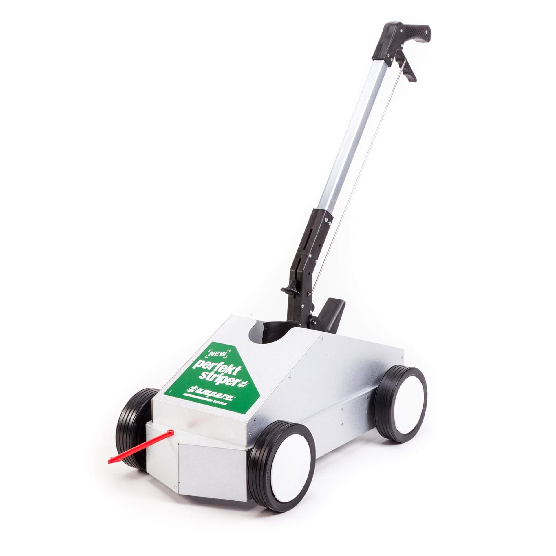 Bodenmarkiergerät silber-grün mit Rollen und langem schwarzem Griff, ideal für Linien auf Rasen oder Sportplatz markieren.