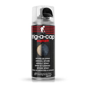 Dose Bitumen-Dichtungsspray trig-a-cap Asphalt, schwarzer Deckel, mehrsprachiges Etikett auf weißem Hintergrund stehend.