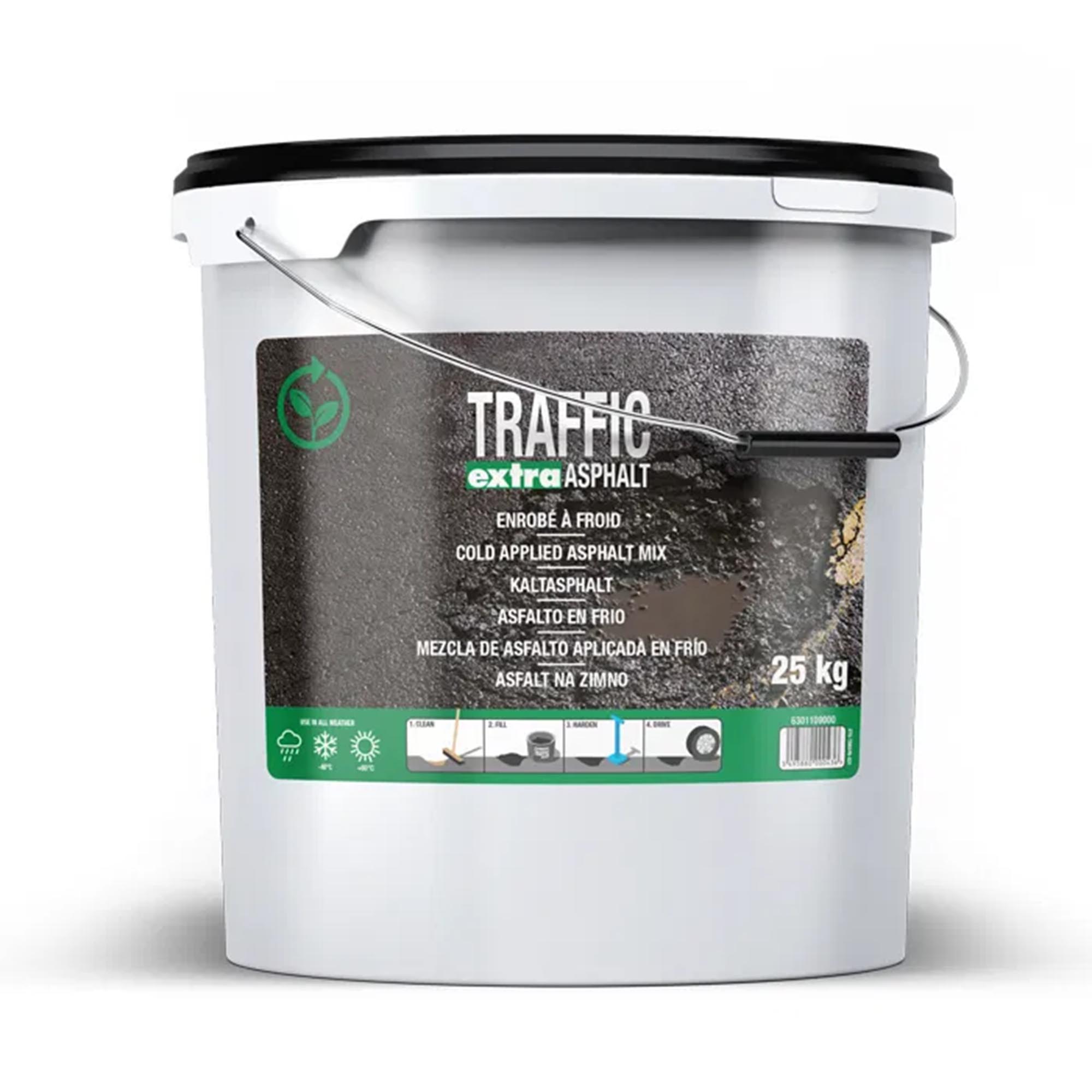 25-kg-Eimer Kaltasphalt für Straßenreparatur, vorne mit deutlichen Anweisungen und Symbolen, Aufschrift auf Deutsch.