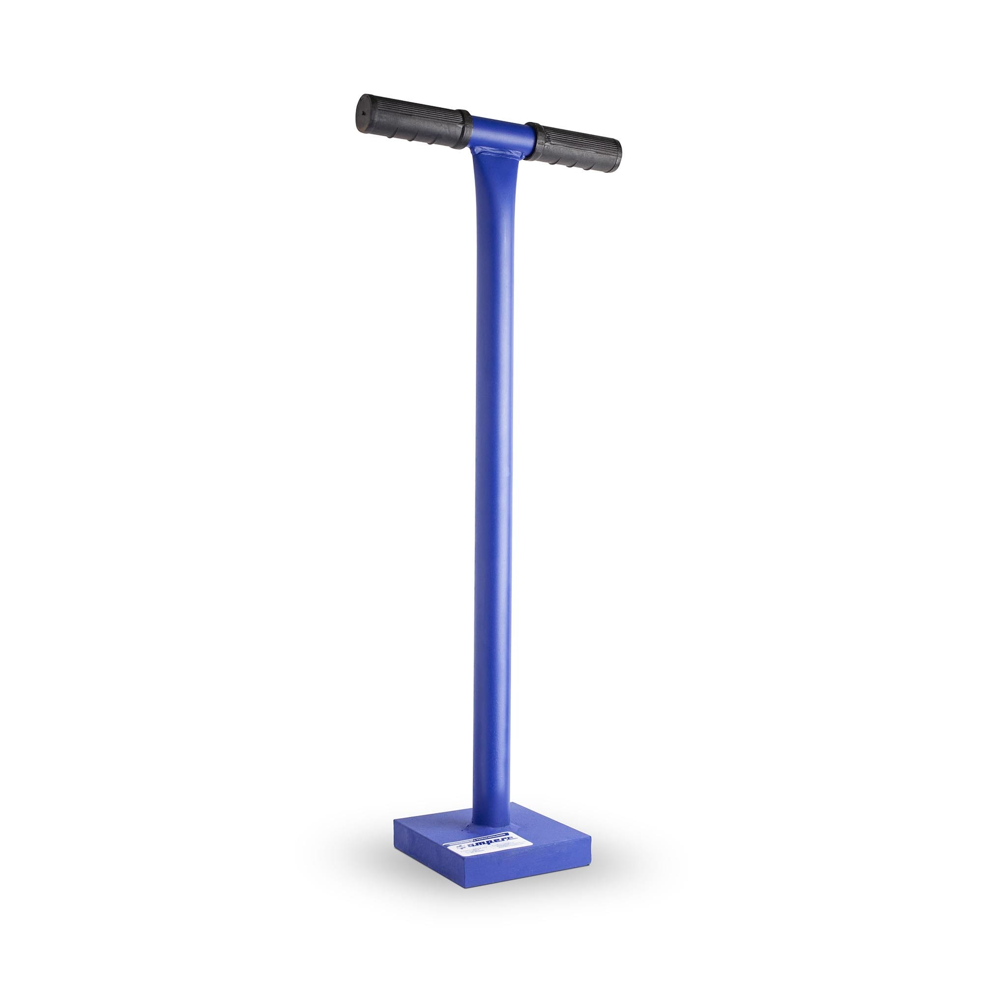 Blauer Traffic Asphalt Stampfer aus Metall, T-förmig, schwarze Gummigriffe, steht auf rechteckiger Basis, Balance Trainer.