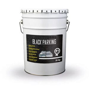 Weißer Metalleimer mit Henkel, Aufschrift "Asphaltversiegelung Traffic Black Parking", 25 kg, auf weißem Hintergrund.