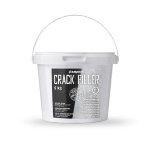 6-kg-Eimer aus weißem Kunststoff mit Henkel, schwarz-weißer Beschriftung, Produkt zur Rissreparatur, Reparaturkit.