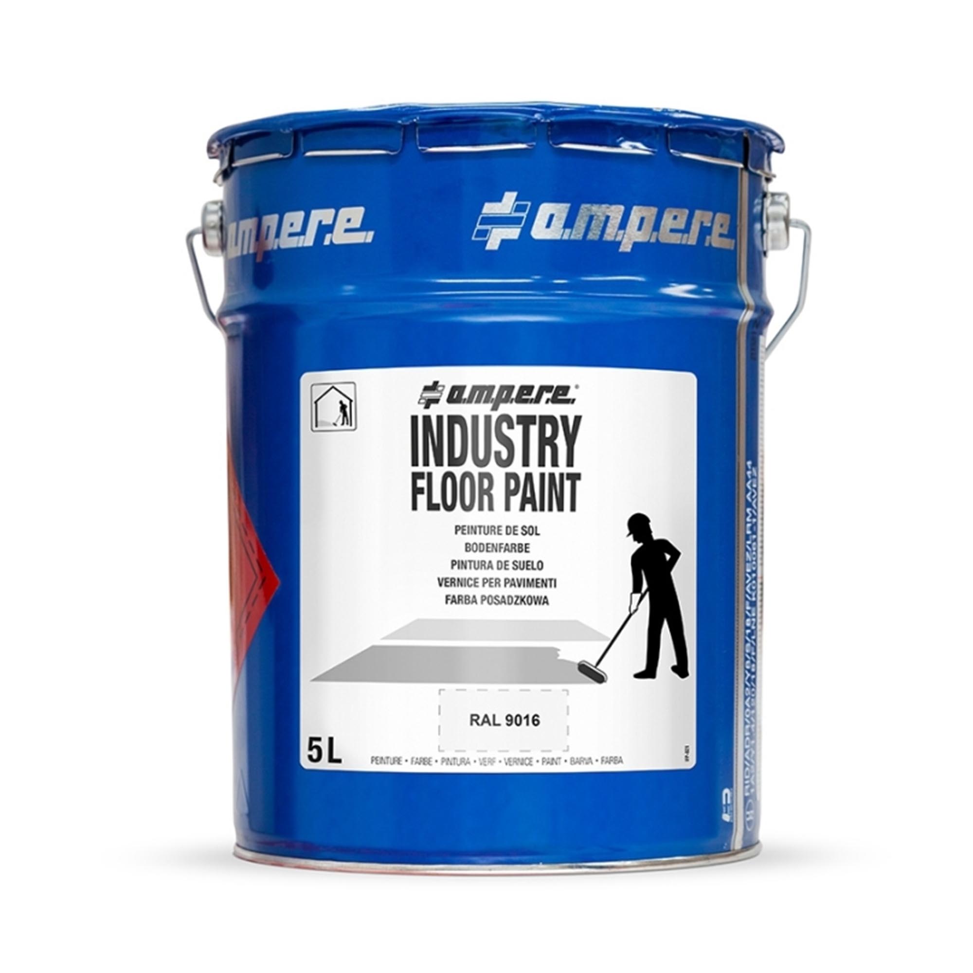Blaue 5-Liter-Metallkanne, Aufschrift Industry Floor Paint, Abbildung Person beim Boden streichen, Farbcode RAL 9016.