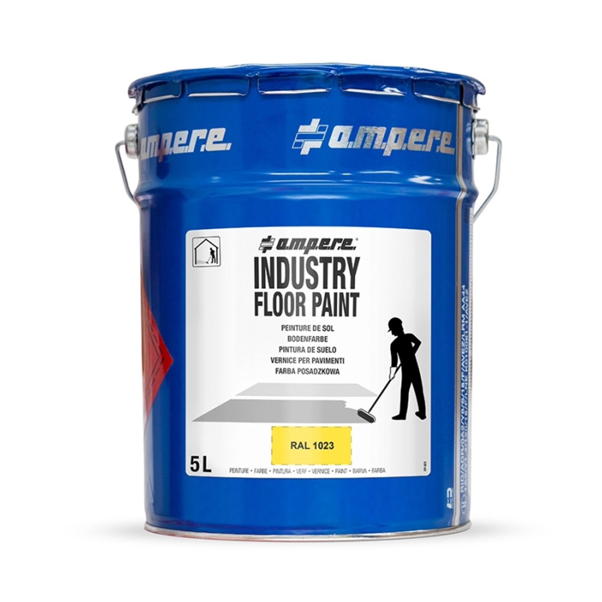 5-Liter-Dose blaue Metall Industrie-Bodenfarbe, Etikett mit Person beim Bodenstreichen, Farbcode RAL 1023.