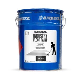 Blaue 5-Liter-Metallkanne, Aufschrift Industry Floor Paint, Symbol eines Bodenstreichers, Farbcode RAL 9017.