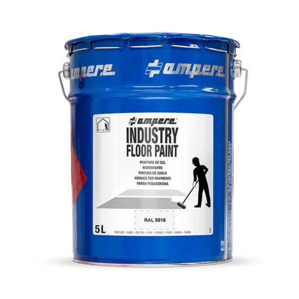 5L blaue Metallkanne Ampere Industrie Bodenfarbe rutschfest, Etikett mit Person beim Bodenstreichen, Produktdetails sichtbar.