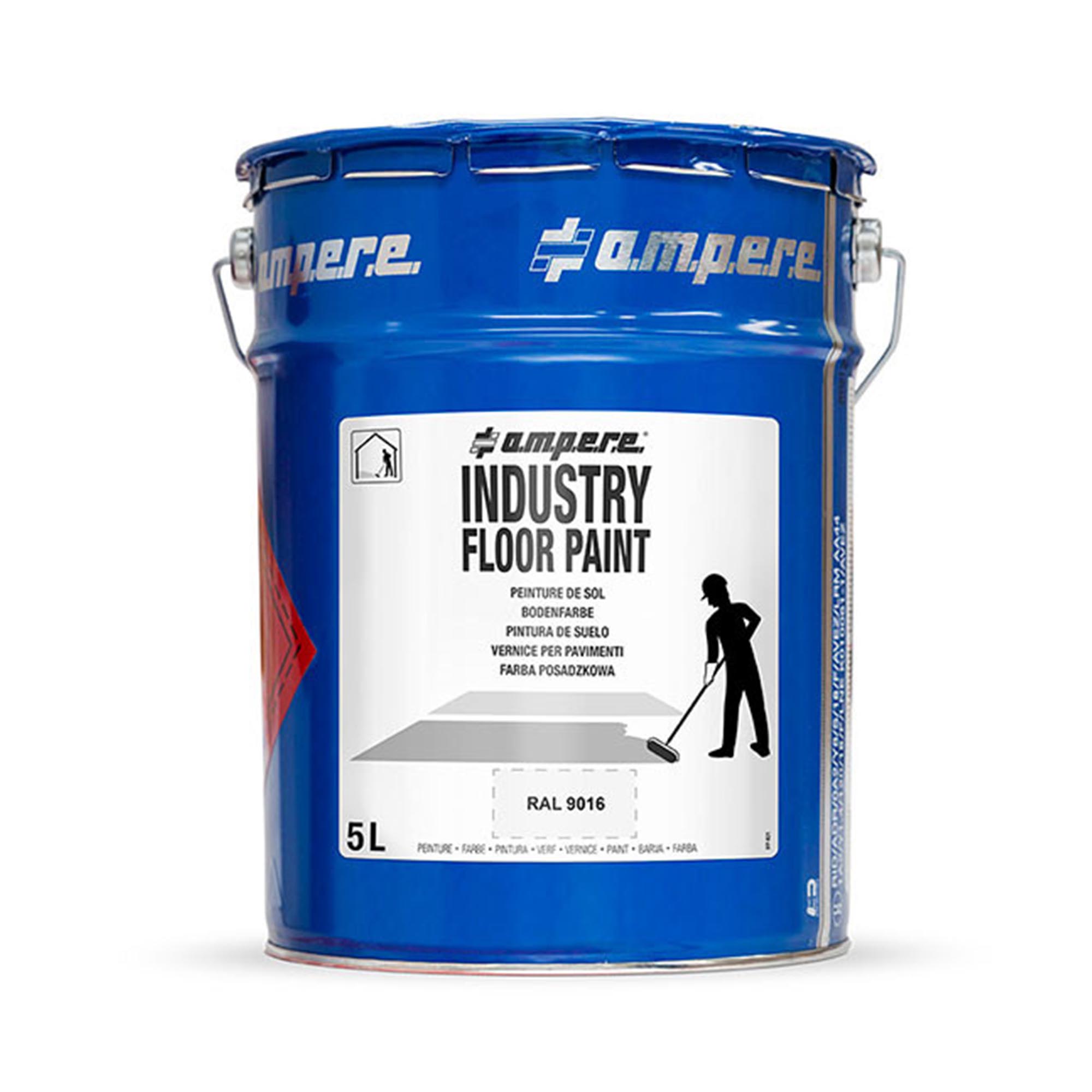 5L blaue Metallkanne Ampere Industrie Bodenfarbe rutschfest, Etikett mit Person beim Bodenstreichen, Produktdetails sichtbar.
