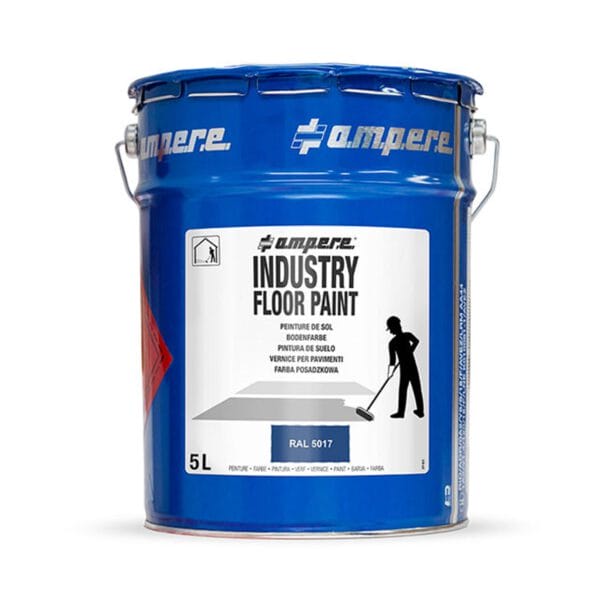 Blaue 5-Liter-Kanister Bodenfarbe "Industry Floor Paint antislip", Grafik Boden streichen, Aufschrift mehrsprachig.