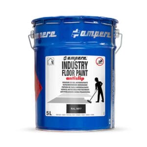 5-Liter blaue Metallkanne Industrie-Bodenfarbe RAL 9017 mit Anti-Rutsch, Grafik: Person streicht Boden.