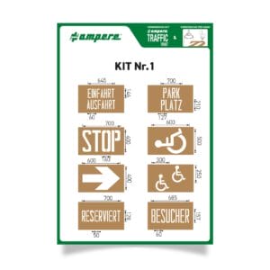 Schablonen KIT Parken: 8 braune-weiße Verkehrsschablonen für Einfahrt, Parkplatz, Stop, Richtung, Reserviert, Besucher, Barrierefreiheit.