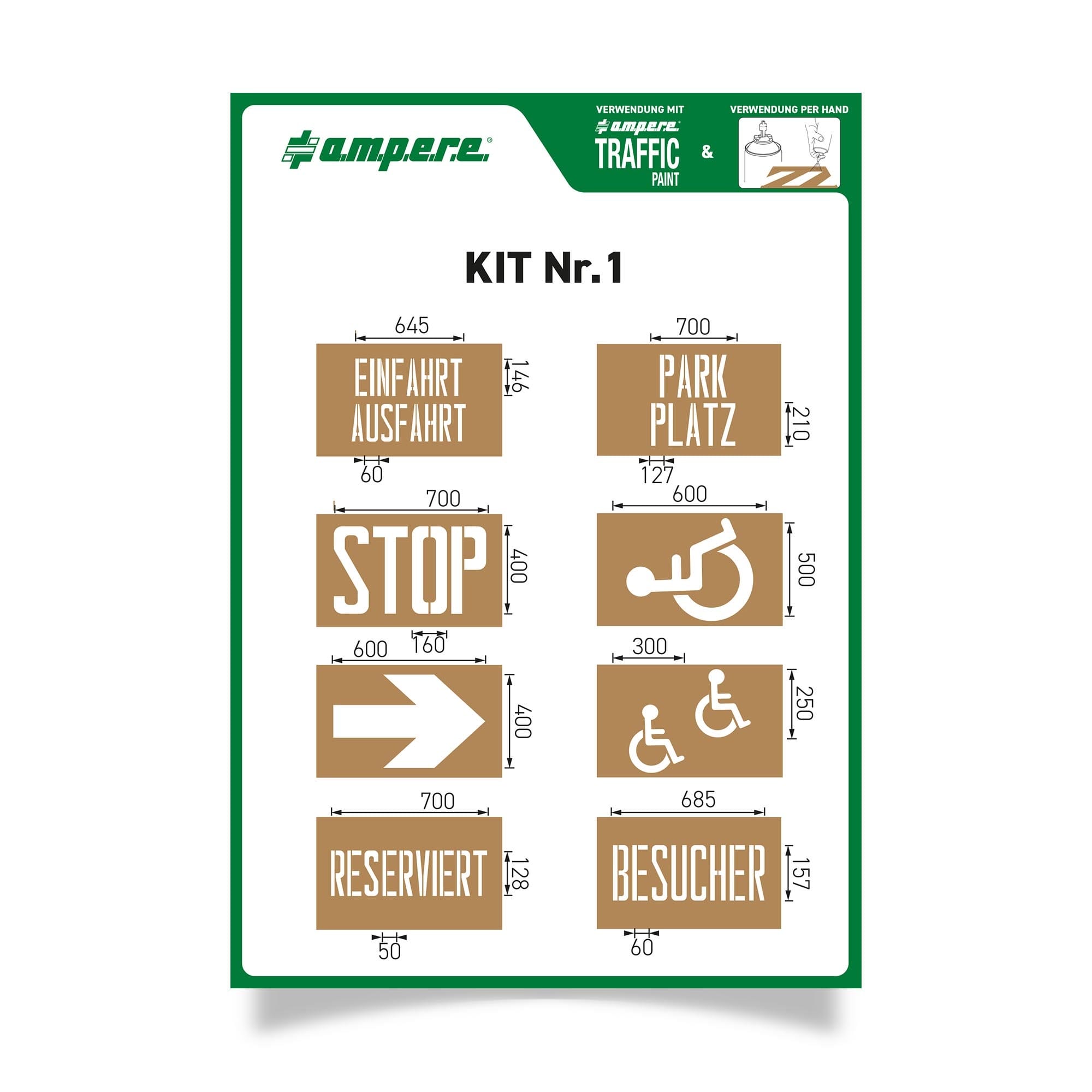Schablonen KIT Parken: 8 braune-weiße Verkehrsschablonen für Einfahrt, Parkplatz, Stop, Richtung, Reserviert, Besucher, Barrierefreiheit.