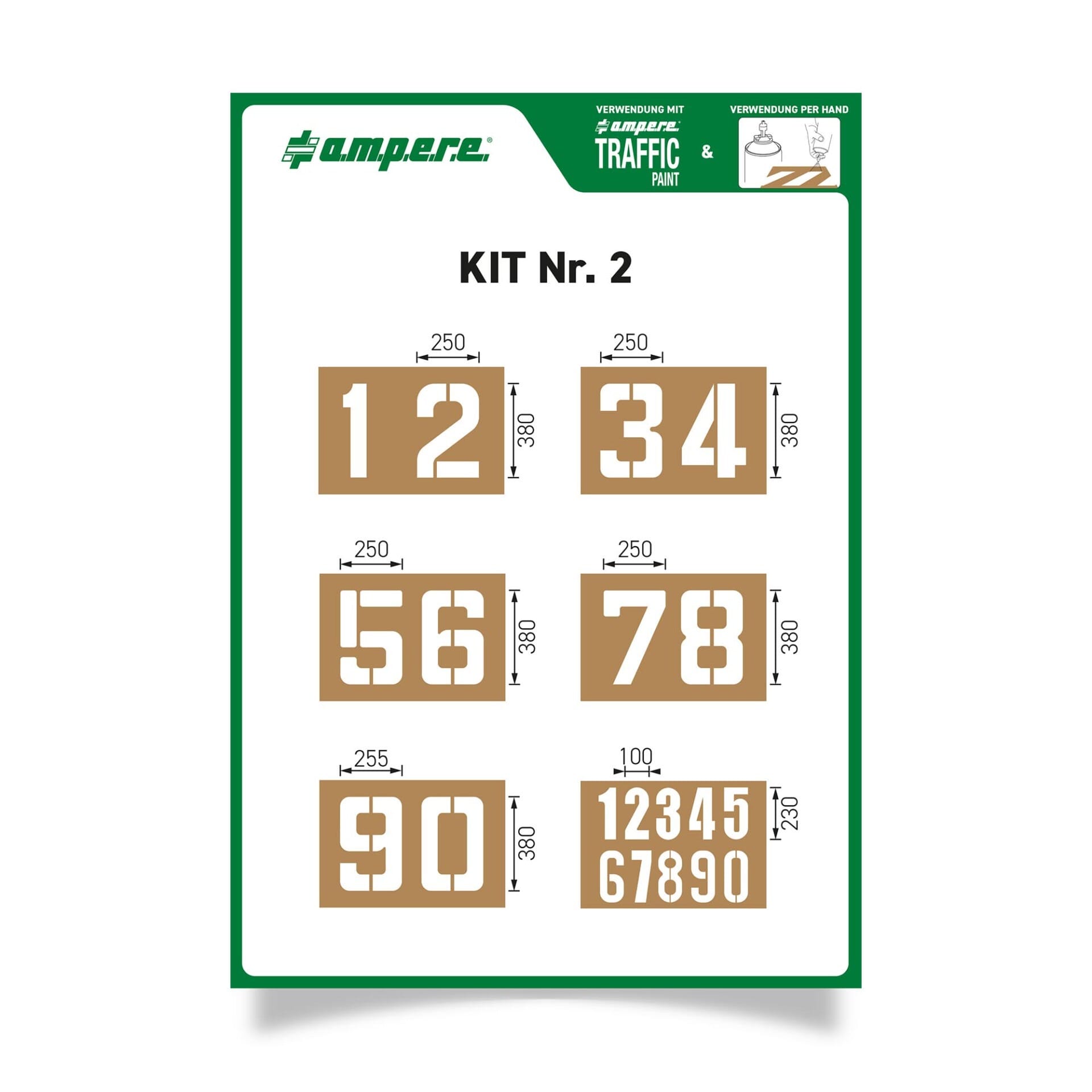 Schablonen KIT Zahlen: Ziffernschablonen 0-9, zwei Gruppen, Maße sichtbar auf jeder Zahlenschablone, von Ampere.