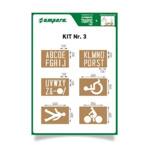 Schablonen KIT mit Großbuchstaben, Zahlen, Rollstuhlsymbol, gehender Person, Fahrradfahrer und Maßangaben.