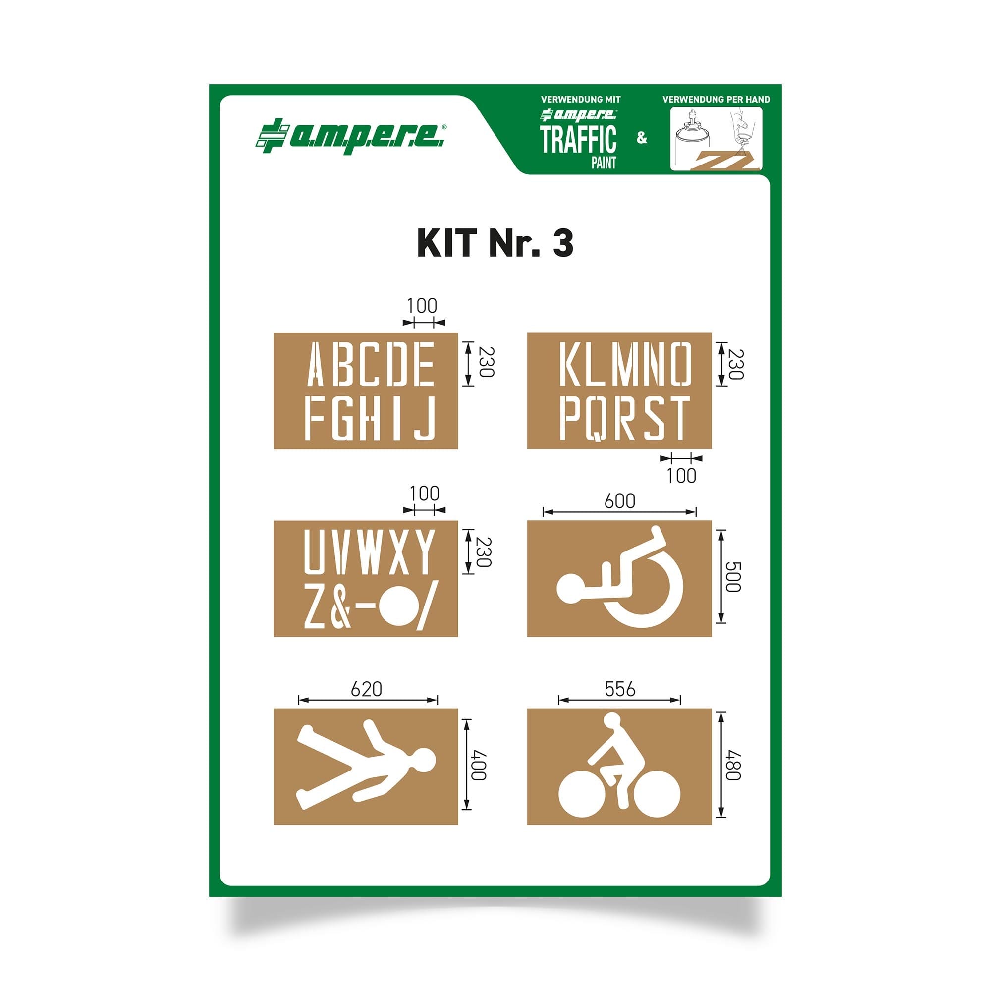 Schablonen KIT mit Großbuchstaben, Zahlen, Rollstuhlsymbol, gehender Person, Fahrradfahrer und Maßangaben.