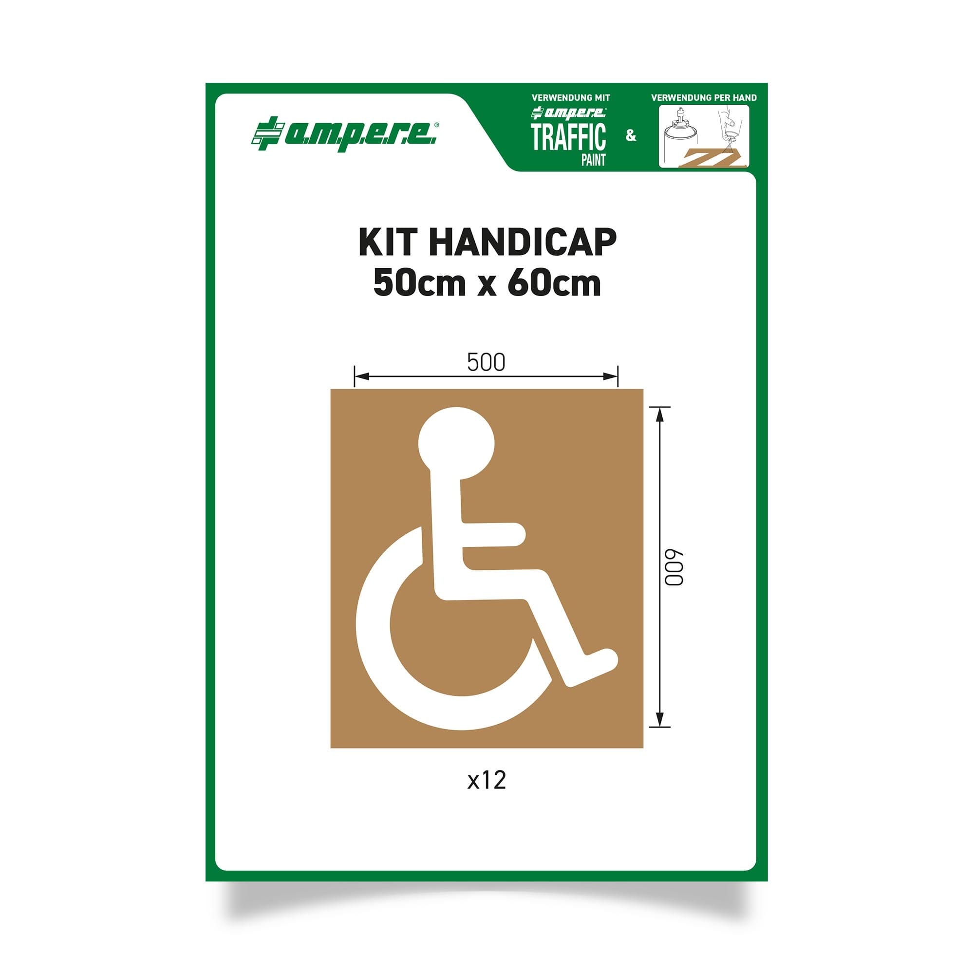 Braunes Schablonen KIT Handicap mit Rollstuhlsymbol, Maße 50x60cm, sichtbares Produktlogo und Maßangaben auf Deutsch.