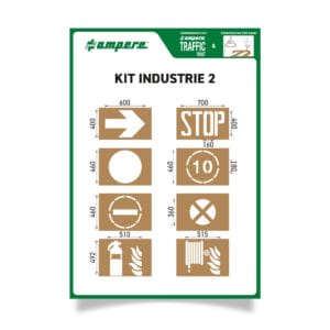Schablonen KIT Industrie 2: Neun braune Industriesymbole, Pfeile, Stopp-Schild, Zahlen, Sicherheitssymbole mit mm-Angaben.