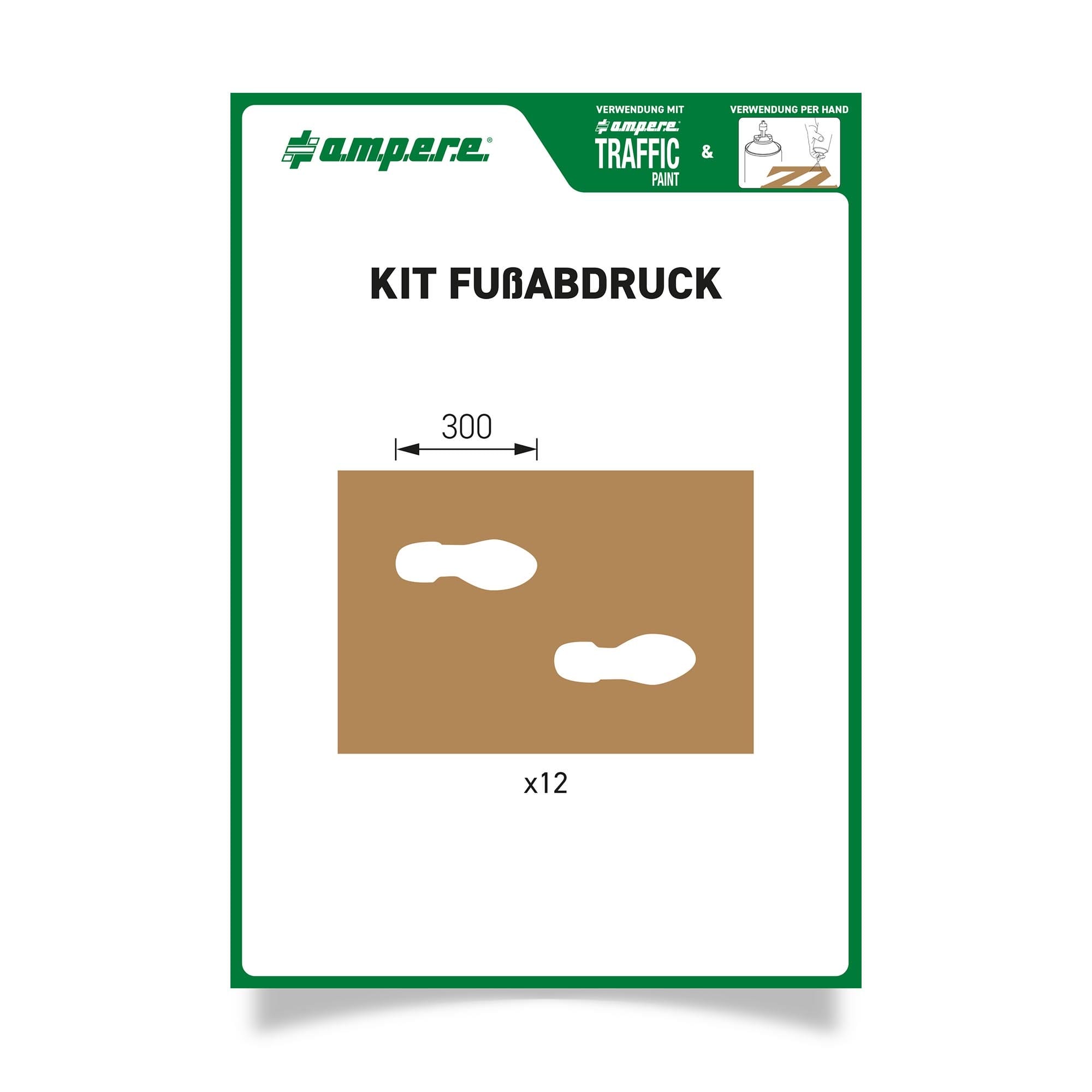 Schablonen KIT mit 12 Schablonen, je zwei weiße Fußabdrücke à 300 mm Länge pro Schablone, ideal als Markierung.