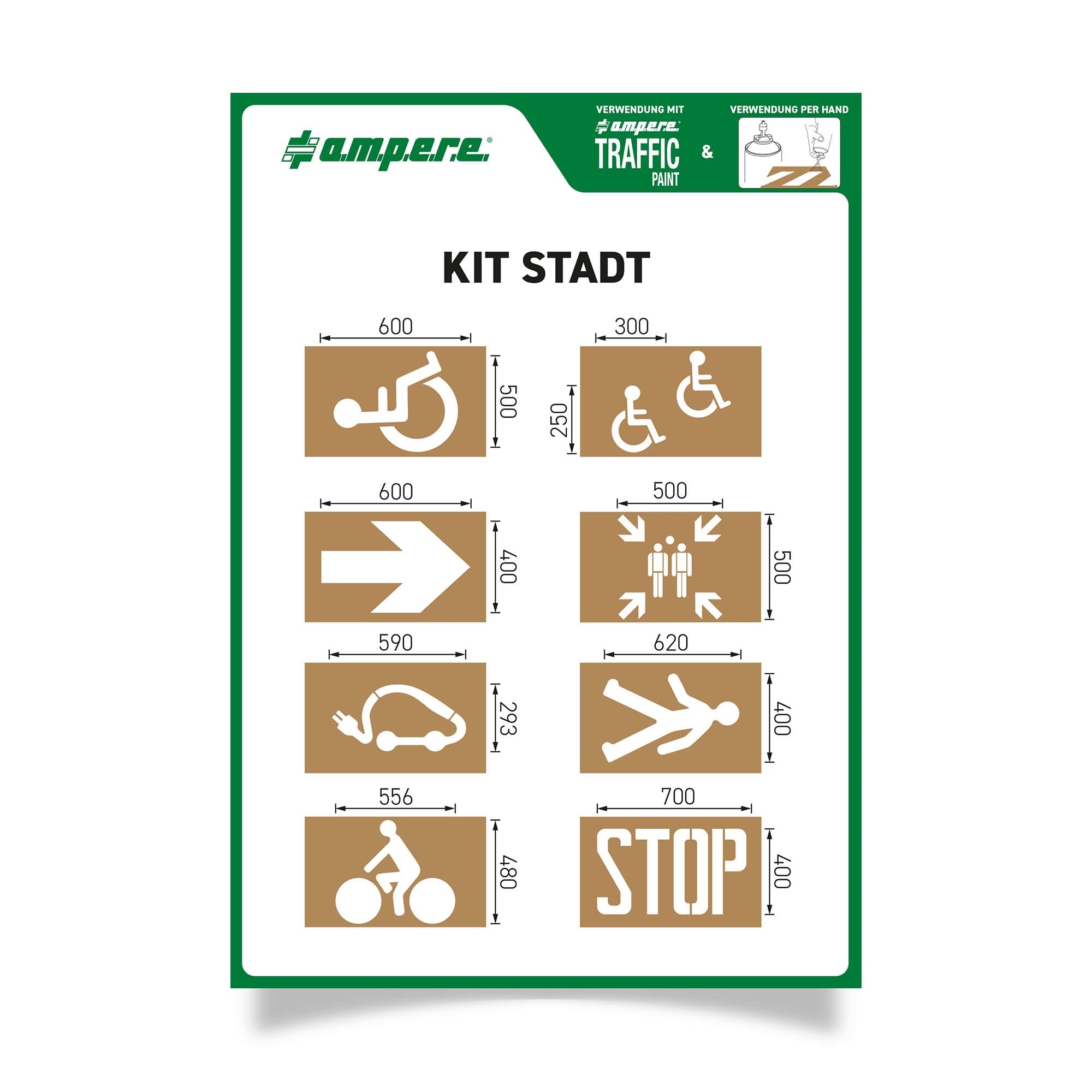 Schablonen KIT Stadt: Vorlage mit weißem Verkehrszeichen, Rollstuhl-Symbol, Pfeilen, Stopp-Schild, Auto, Fahrrad, Maße in mm.