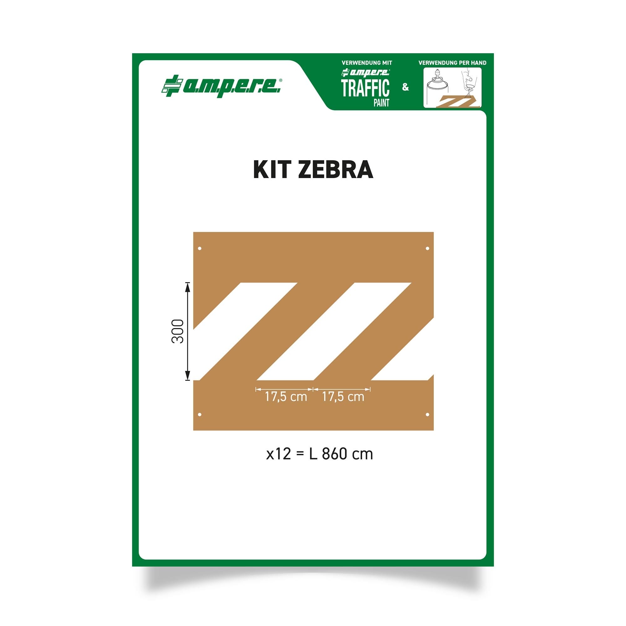 Rechteckige Schablone mit Zickzack-Ausschnitt, 300 mm hoch, Segmentlänge 17,5 cm, für Zebra-Streifen Markierung.