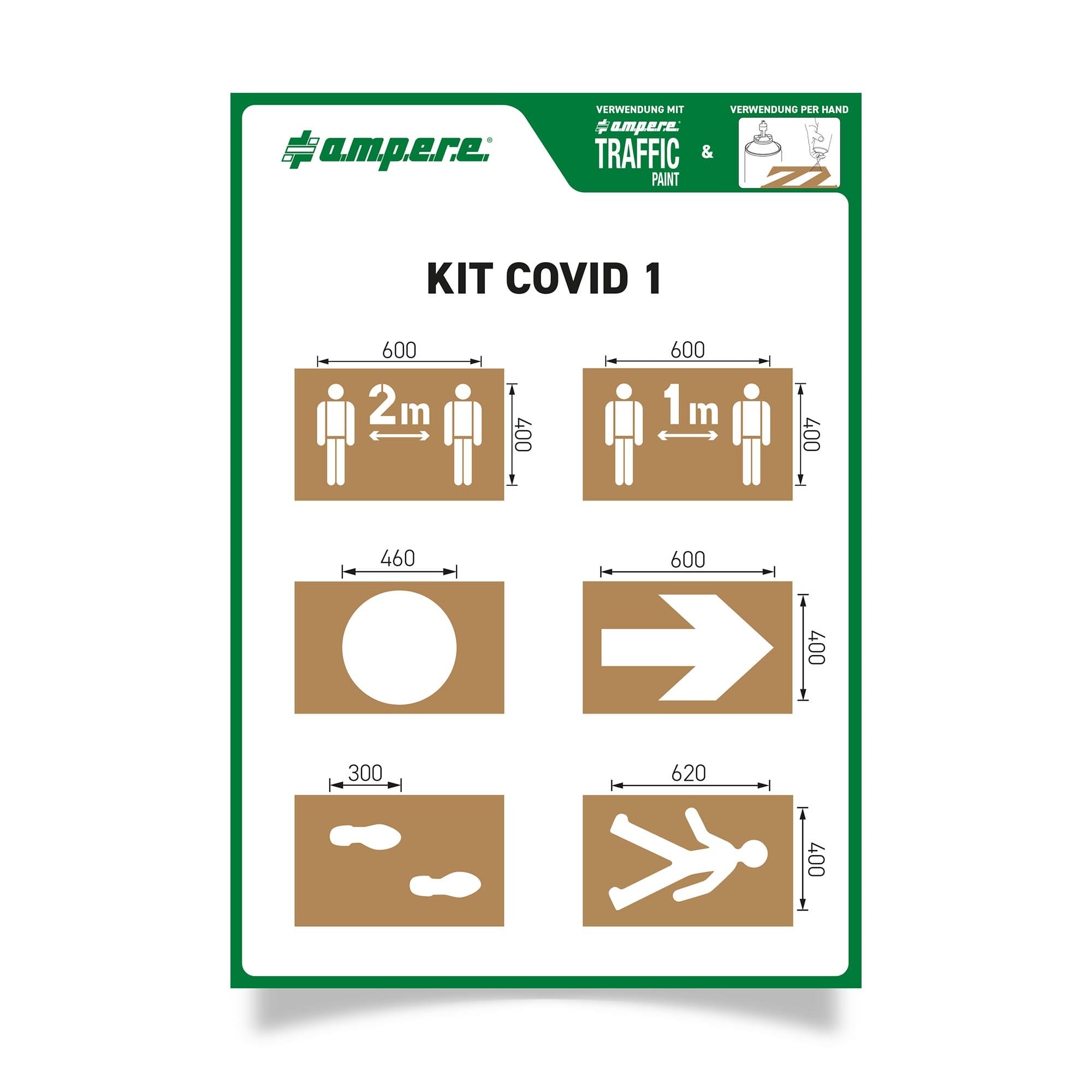Schablonen-Set: Abstandssymbole, Richtungspfeile, Gehfiguren, Fußabdrücke als Millimeter-Markierungen für Covid-Bodenkennzeichnung.