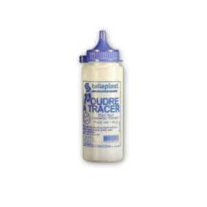 Markierpulver 100g Flasche mit blauem Dosierdeckel, weißer Hintergrund, Kreidepulver, Nachfüllflasche, Baustellenbedarf.