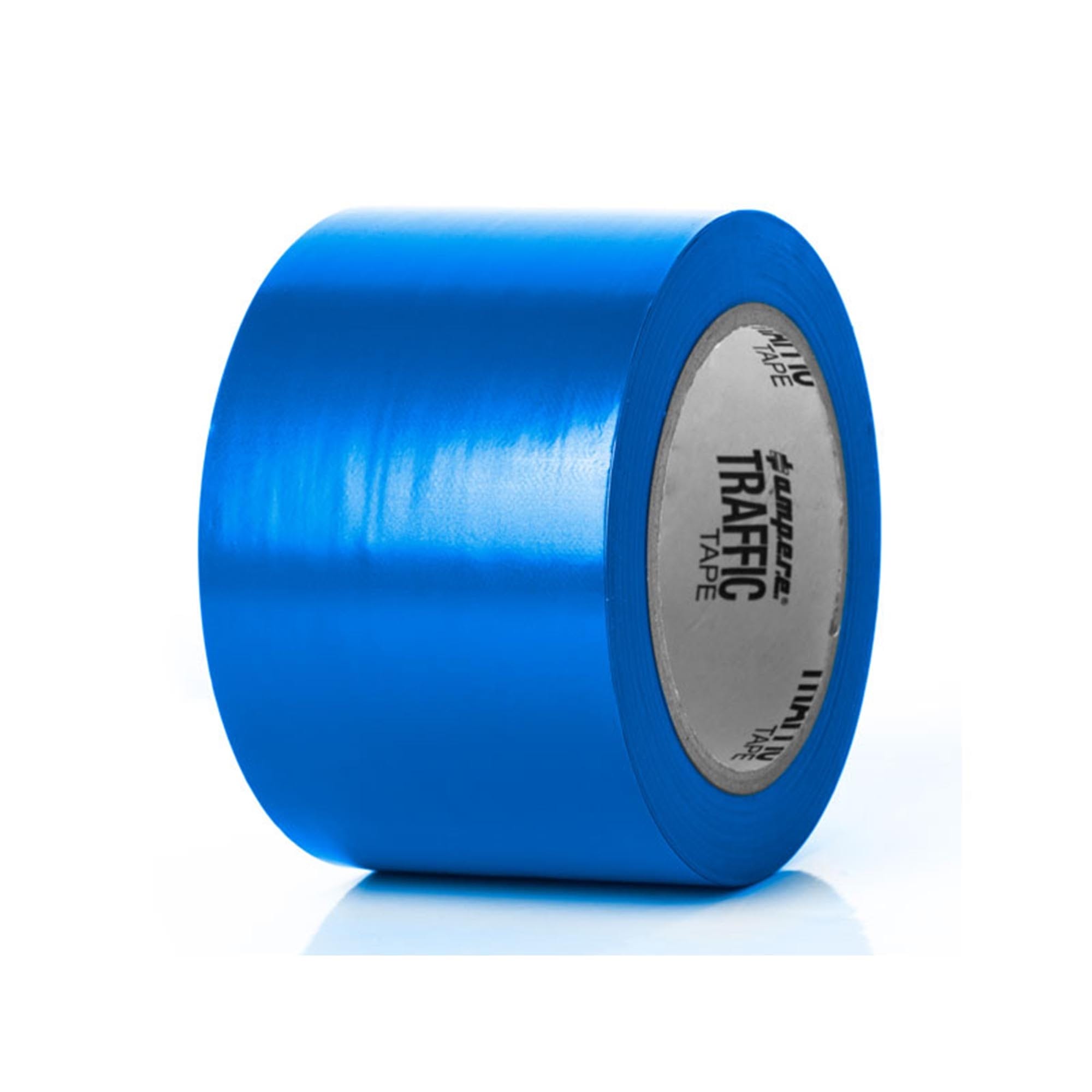 Rolle Verkehrsband Standard, leuchtet blau, weißer Kern mit Aufschrift "TRAFFIC TAPE", auf weißem Hintergrund.