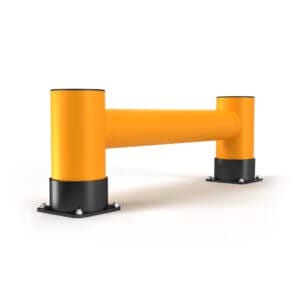 Gelb-schwarze Regalendschutz Einzelplanke mit zwei senkrechten Pfosten, Querbalken und rechteckigen Bodenplatten.