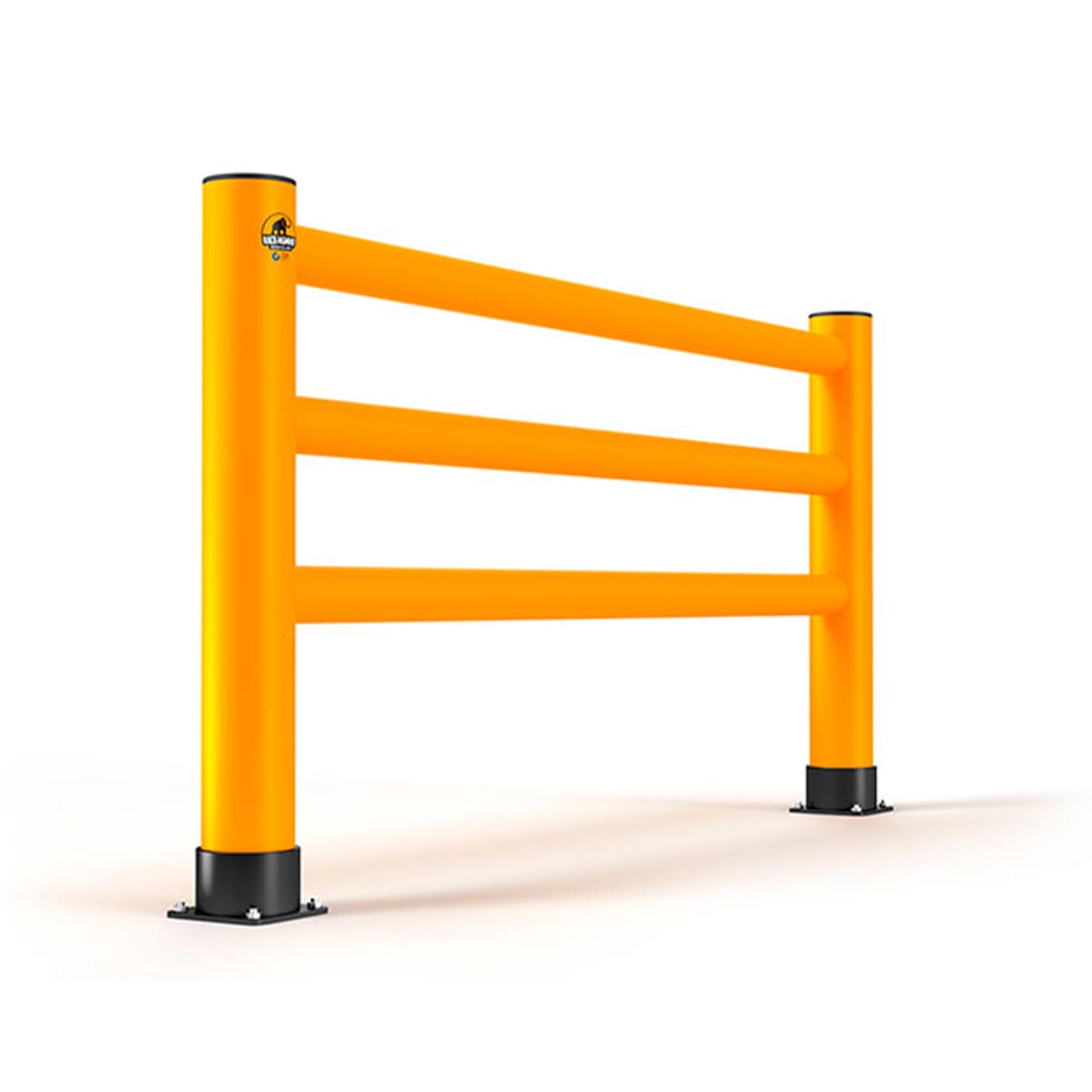 Gelbe Industrieschutzplanke mit drei Querstangen, zwei Pfosten auf schwarzen Sockeln, freigestellt vor weißem Hintergrund.