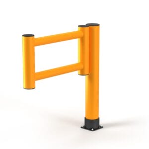 Gelbe Rammschutzbarriere mit zwei Querstangen, drei senkrechten Pfosten und Flachbasis, freigestellt auf weißem Hintergrund.