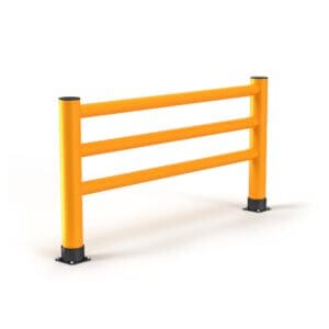 Gelbe Rack-Mammut Absturzsicherung mit drei Querstreben, zwei senkrechten Pfosten und schwarzen Bodenplatten auf weißem Hintergrund.