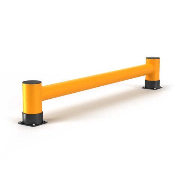 Gelber Regalendschutz Einzelplanke mit zwei senkrechten Pfosten, Querstrebe, schwarzen Bodenplatten und Schrauben zur Befestigung.