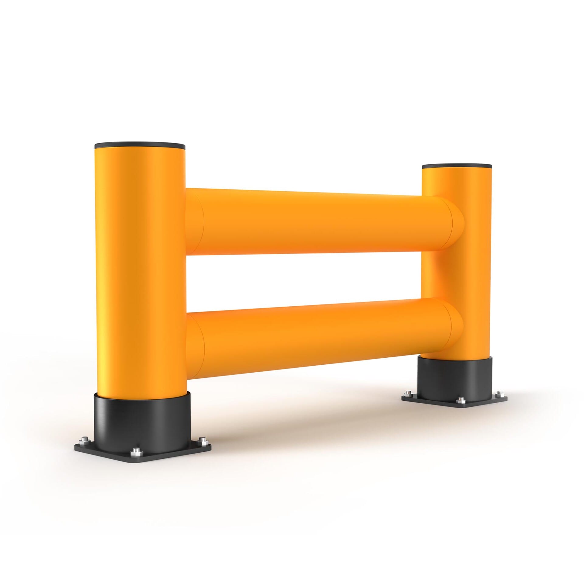 Regalendschutz Doppelplanke mit leuchtend orangen, doppelten Horizontalstreben auf schwarzen Sockeln für Lagerregale.