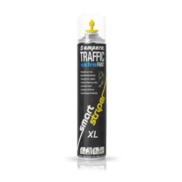Hohe Sprühdose mit gelbem Sprühkopf, Aufschrift "Bodenmarkierfarbe Traffic extra Paint XL", Etikett schwarz-weiß-gelb.