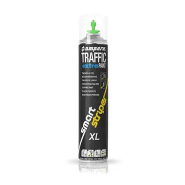 Dose Bodenmarkierfarbe Traffic extra Paint XL mit grünem Sprühkopf, schwarzem Etikett auf weißem Hintergrund, stehend.