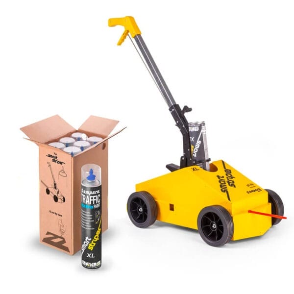 Verkehrslinien-Markiergerät mit Griff, offene Box Spraydosen, einzelne gelbe Farbspraydosen im Vordergrund.
