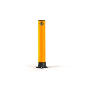 Gelber Rammschutz-Roller Rack-Mammut mit schwarzem Sockel auf weißem Hintergrund, Schutzpfosten für Lager und Industrie.
