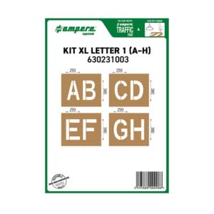 Schablonen KIT XL Buchstaben: Paket mit Karton-Schablonen für Buchstaben A bis H, deutlich sichtbar auf der Verpackung.